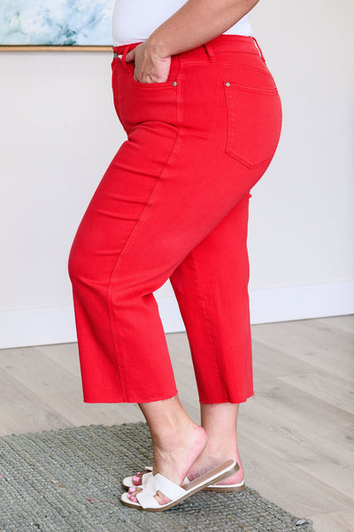 Judy Blue Leslie High Rise Control Top Wide Leg Crop Jeans in Red