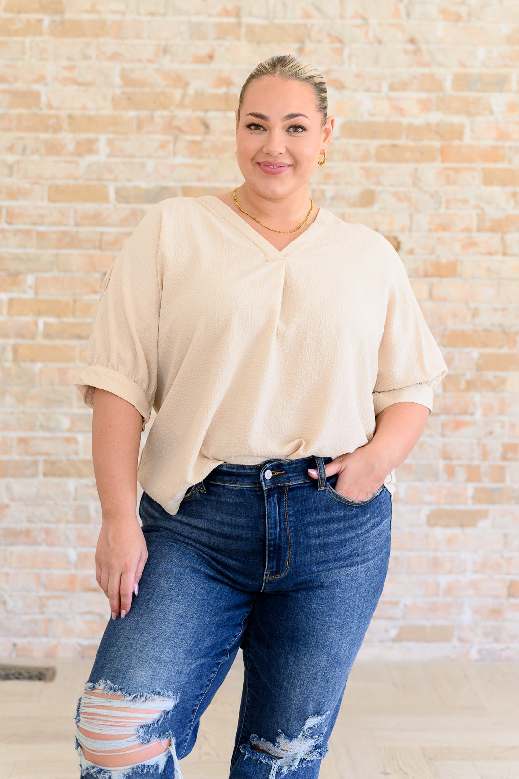 Gina V-Neck Blouse in Taupe