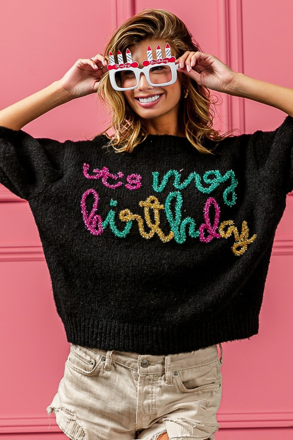 Birthday Party Metallic Letter Puff Sleeve Hairy Sweater