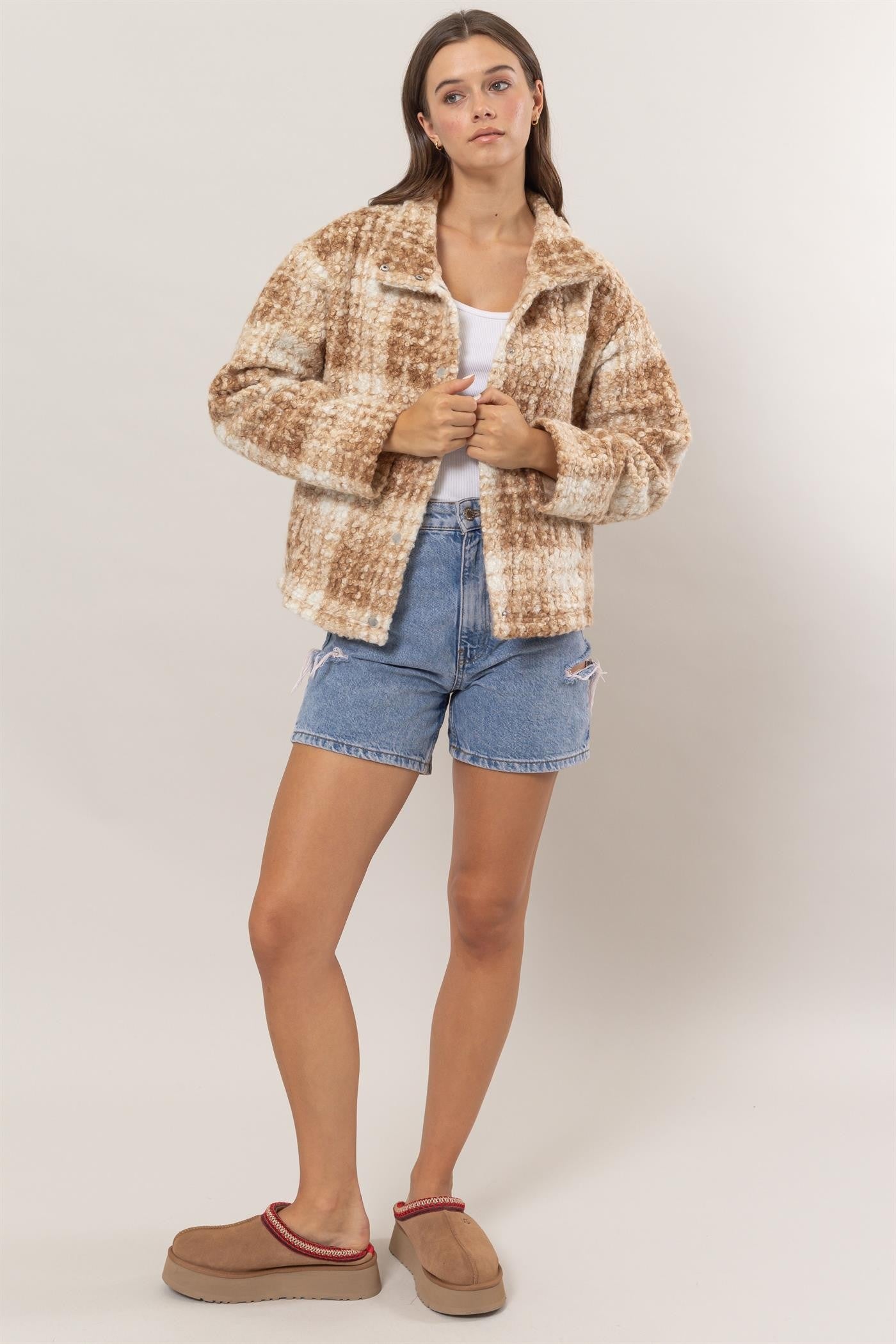 Stacie Plaid Collared Neck Boucle Jacket with Pockets