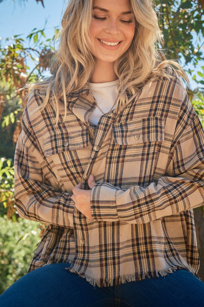 Amanda Button Up Raw Hem Plaid Shirt