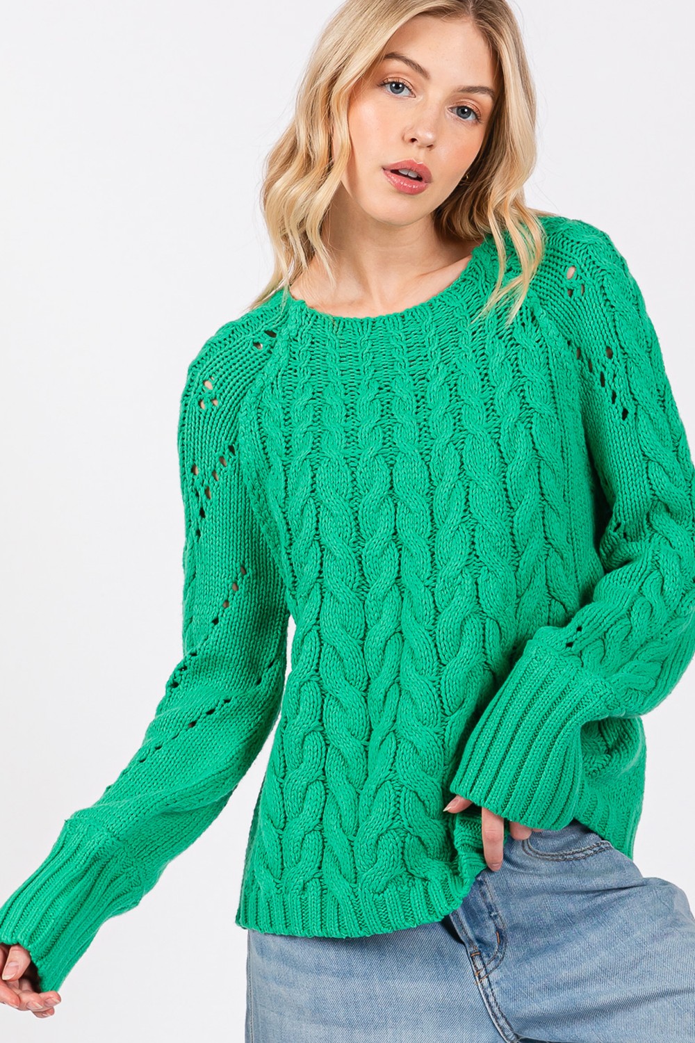 Sadie Emerald Cable-Knit Long Sleeve Sweater