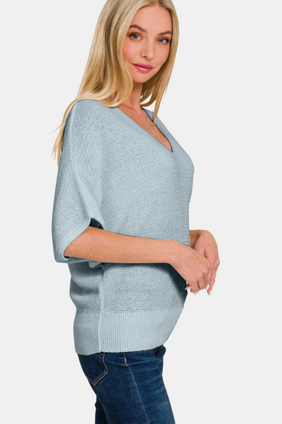 Beth Blue Grey  V-Neck Short Sleeve Dolman Sweater