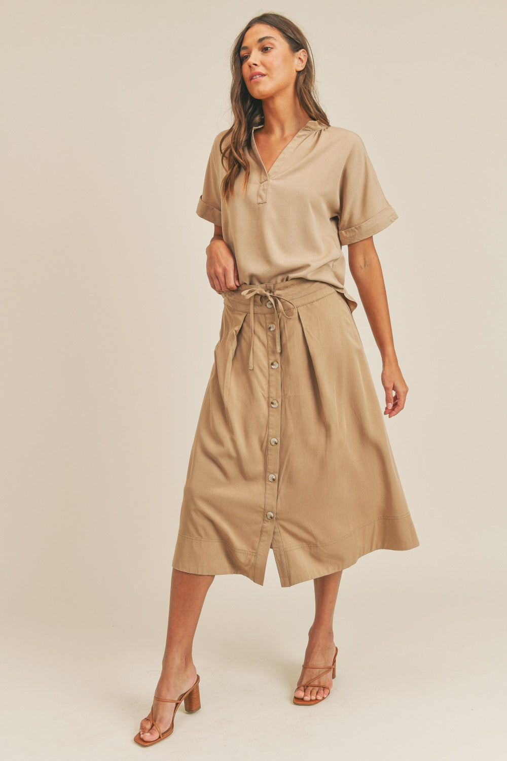 Mallory Taupe Short Sleeve Top and Button Down Midi Skirt Set