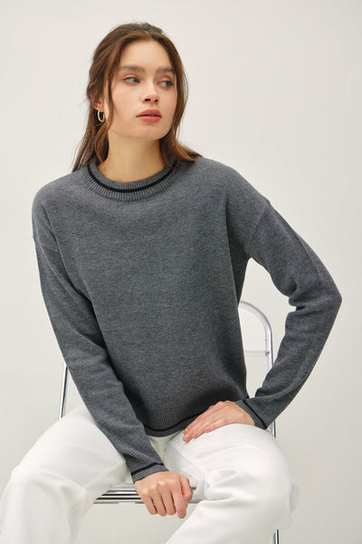 Cory Striped Trim Round Neck Long Sleeve Sweater