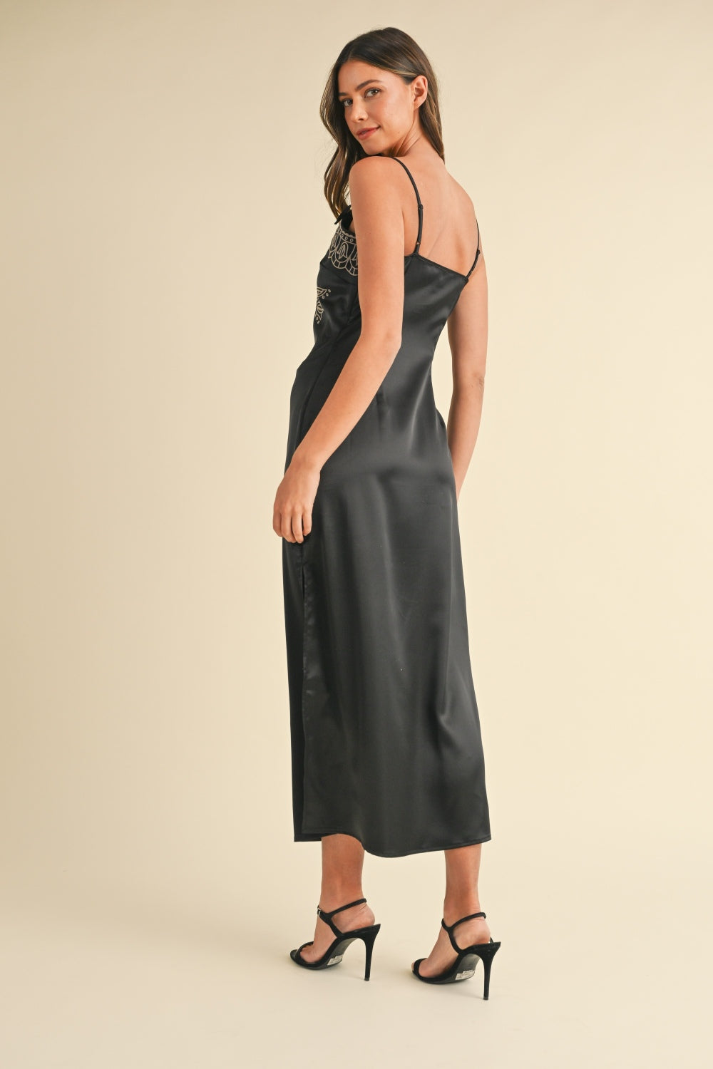 Rosie Embroidered Cami Satin Black Midi Slit Dress