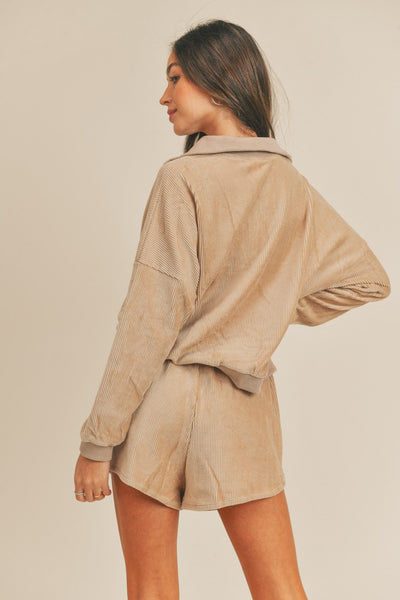 Macey Taupe Corduroy Half Zip Top and Shorts Set