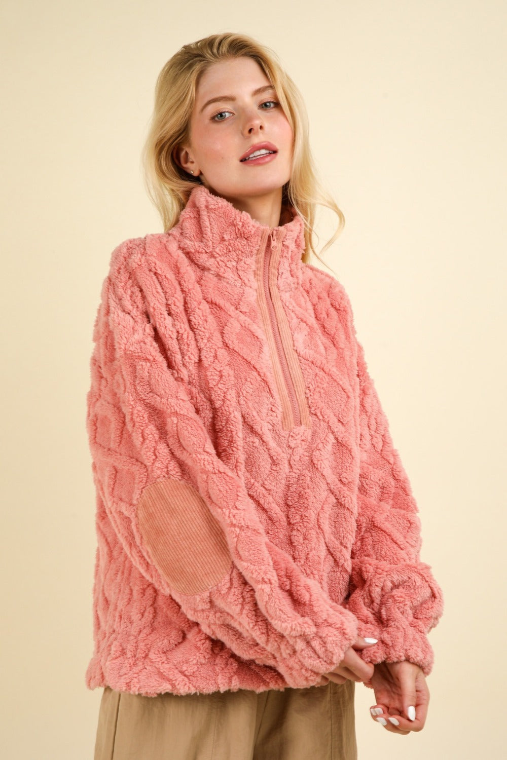 Alida Fuzzy Fleece Half Zip Cable Pattern Sweatshirt