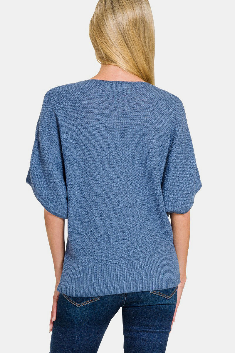 Beth Dusty Blue V-Neck Short Sleeve Dolman Sweater