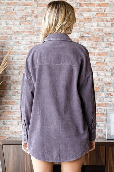 Maureen Purple Gray Washed Corduroy Button Down Long Sleeve Shirt