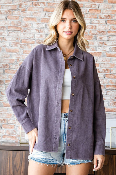 Maureen Purple Gray Washed Corduroy Button Down Long Sleeve Shirt