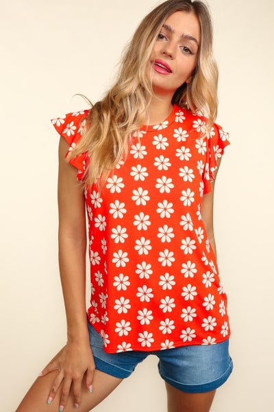 Jeanie Round Neck Ruffled Scarlet Floral Knit Top