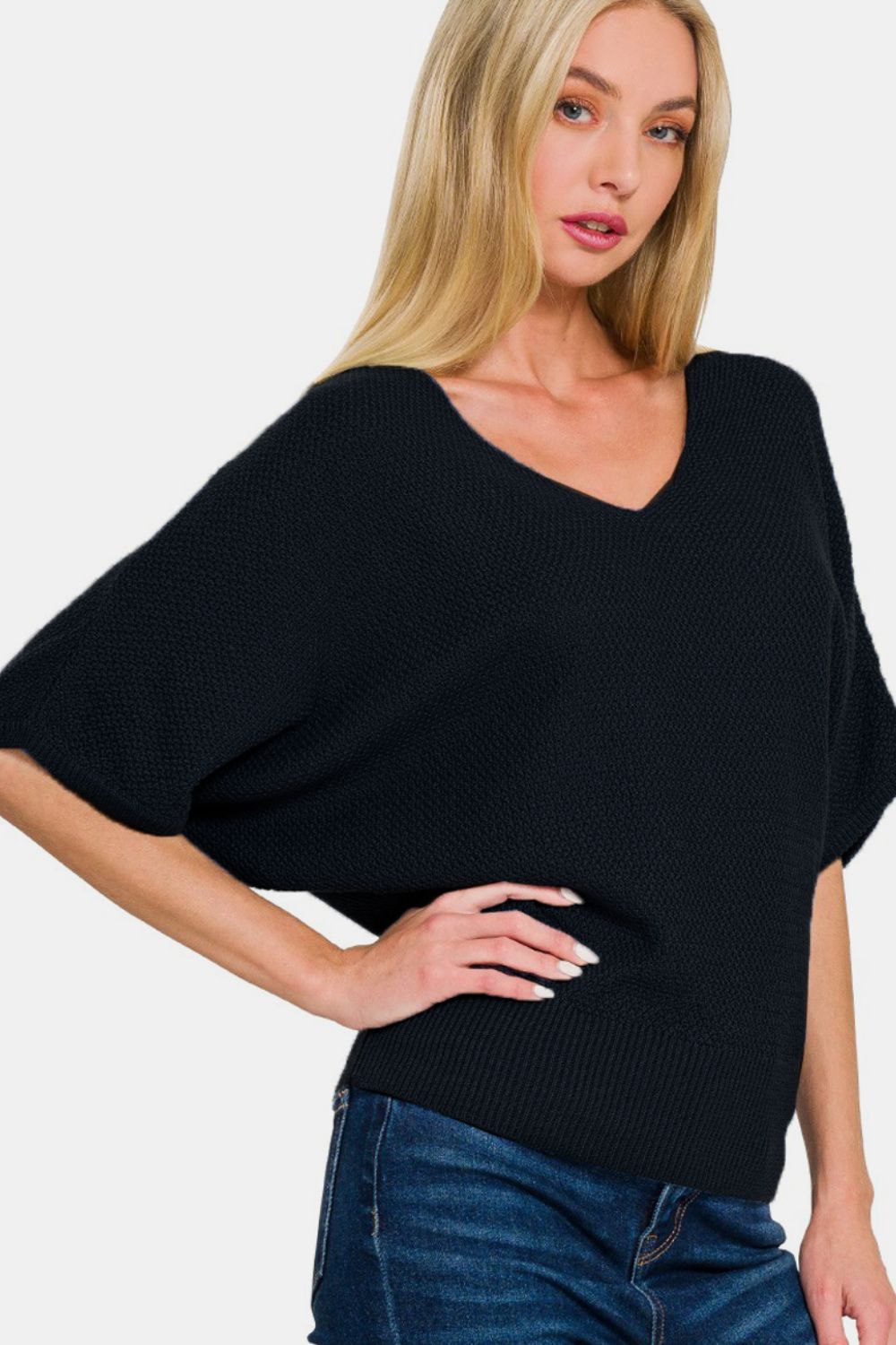 Beth Black V-Neck Short Sleeve Dolman Sweater