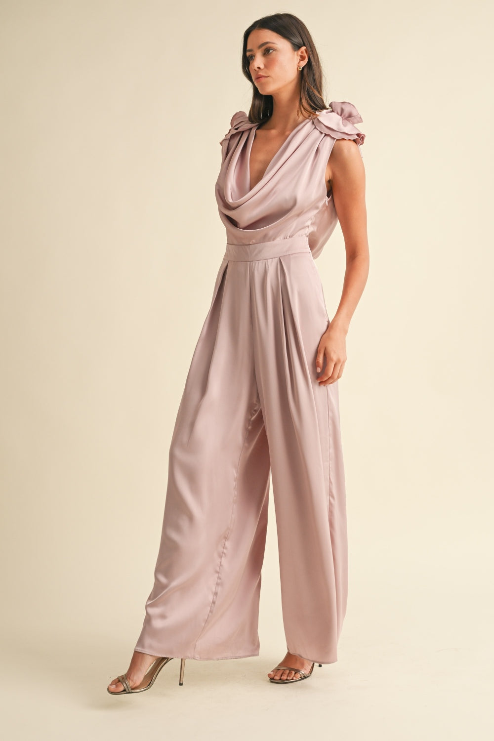 Marla Mauve 3D Floral Applique Deep Cowl Neck Jumpsuit