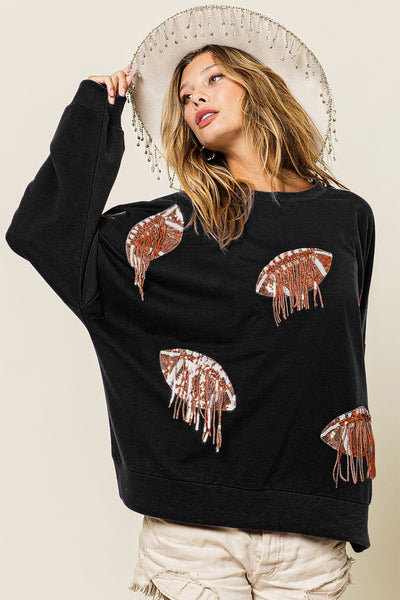 All For The Love Sequin Fringe Football Patch Round Neck Sweatshirt