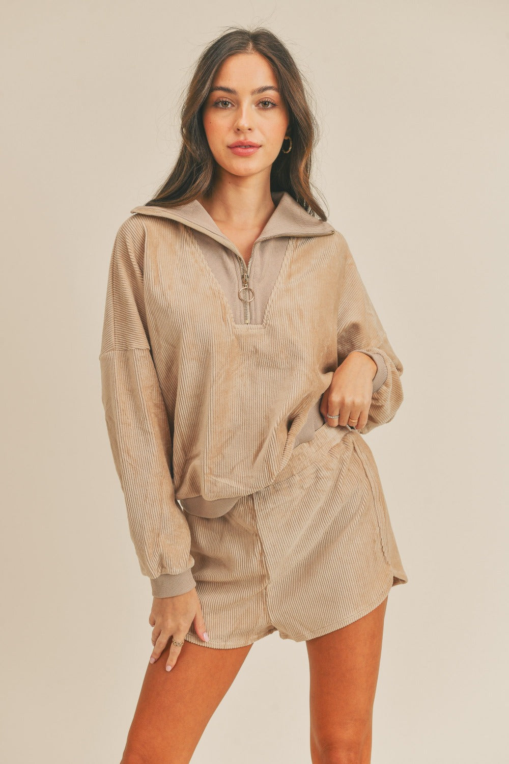 Macey Taupe Corduroy Half Zip Top and Shorts Set