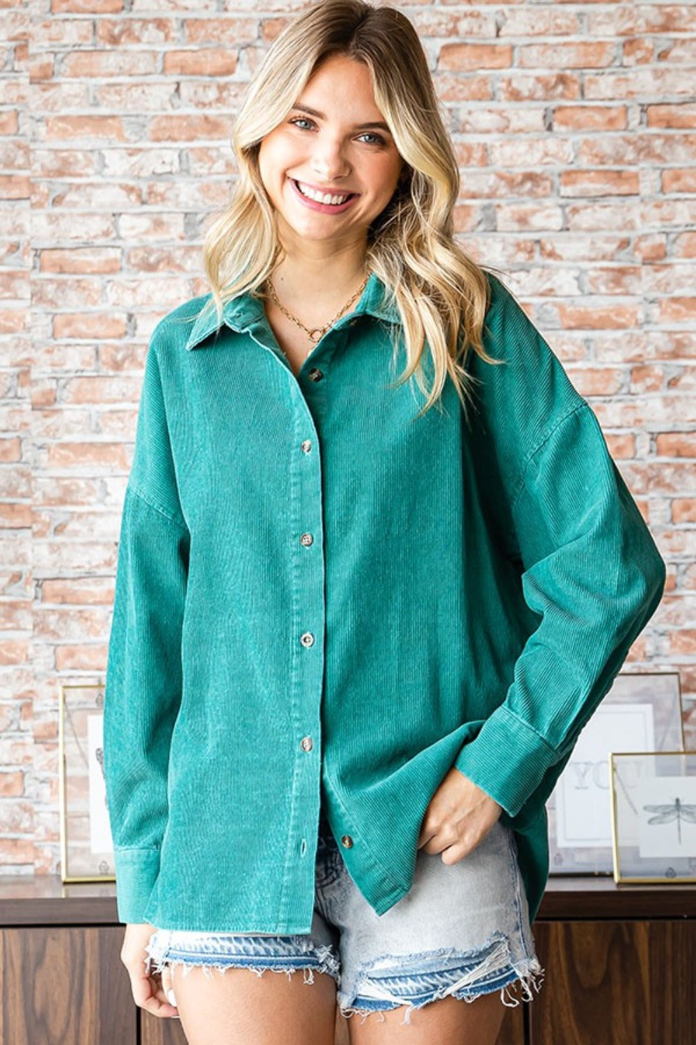 Maureen Green Washed Corduroy Button Down Long Sleeve Shirt