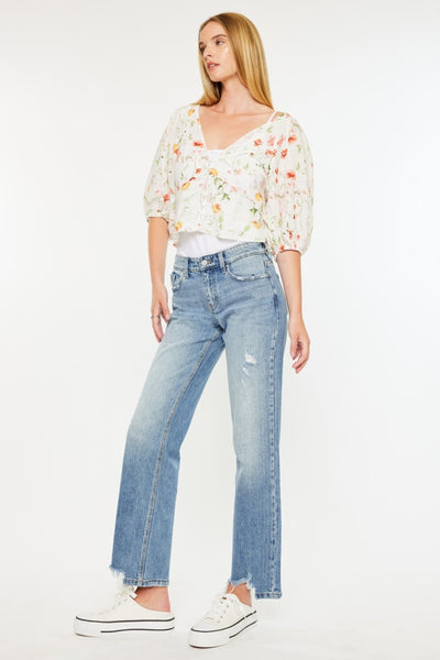 Kancan Marissa Mid Rise Frayed Hem Straight Jeans