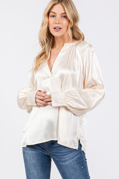 Catalina Ivory Notched Long Sleeve Blouse