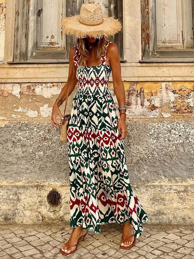 Cameron Smocked Printed Square Neck Sleeveless Maxi Dress