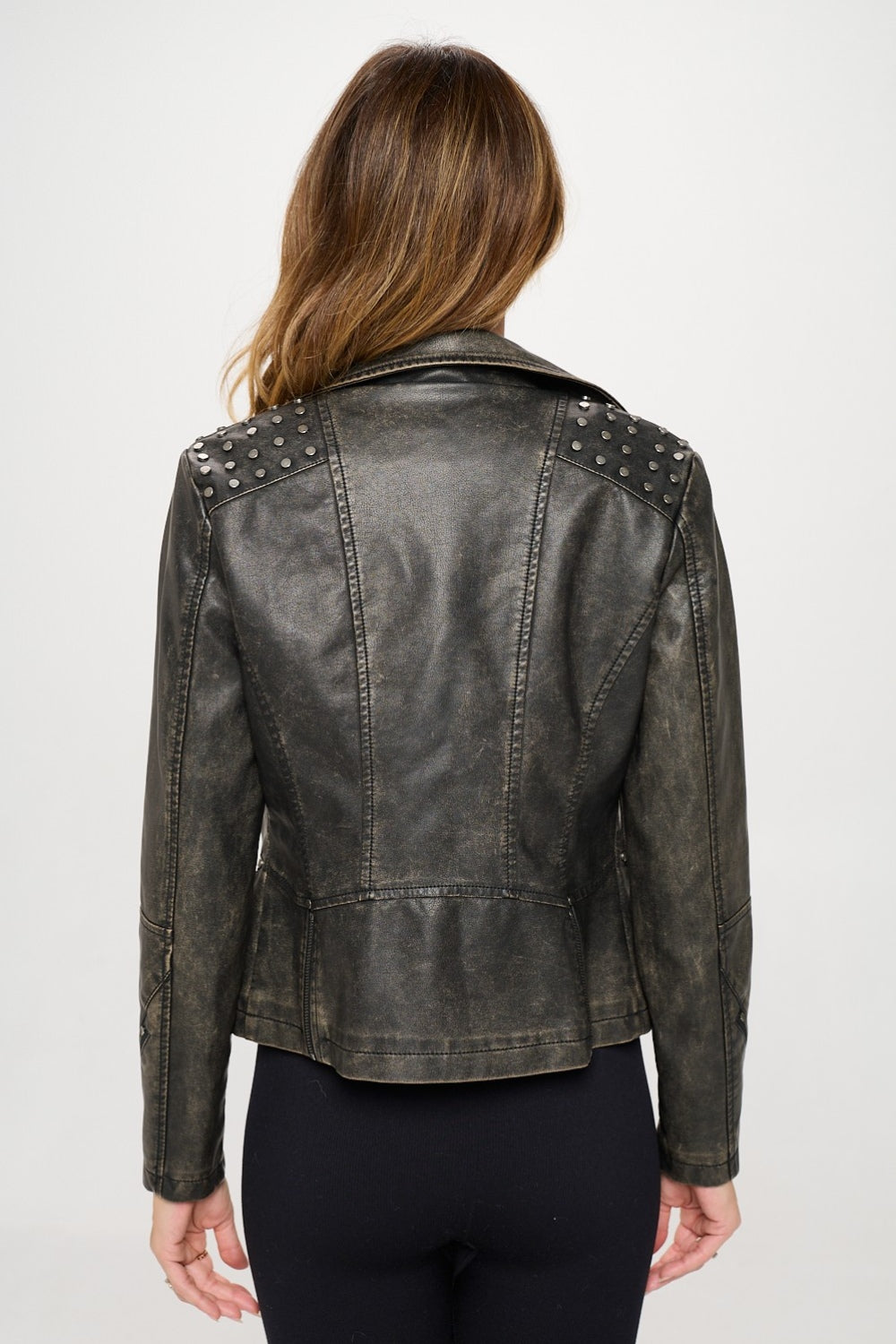 Harper Brown Studded Classic Moto Faux Leather Jacket