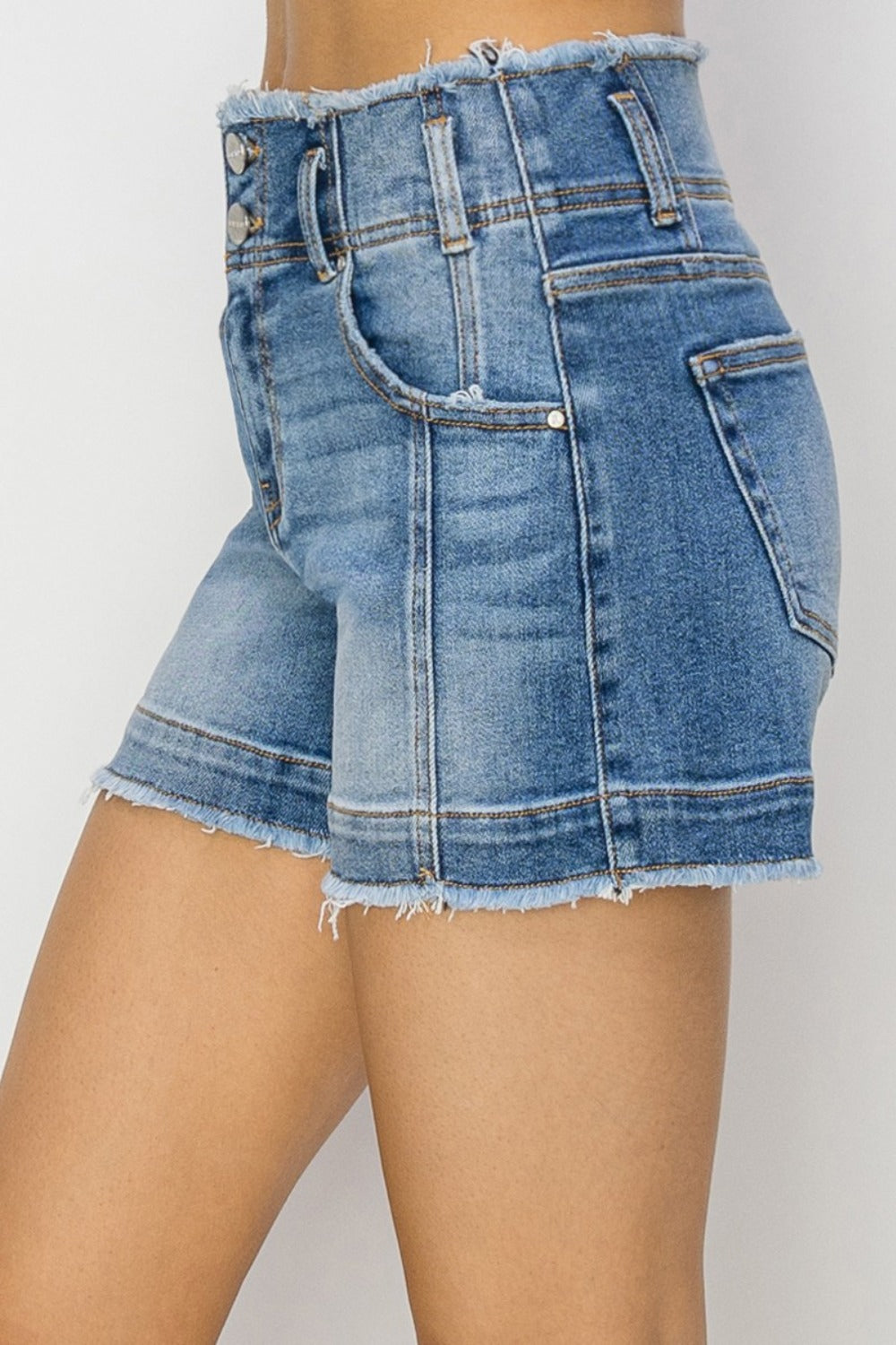 RISEN Yvette High Rise Seam Detailed Raw Edge Denim Shorts