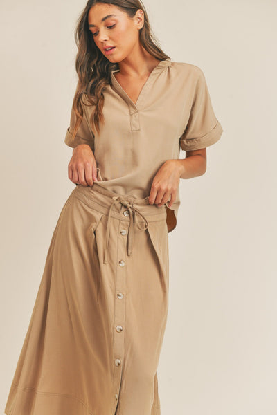 Mallory Taupe Short Sleeve Top and Button Down Midi Skirt Set