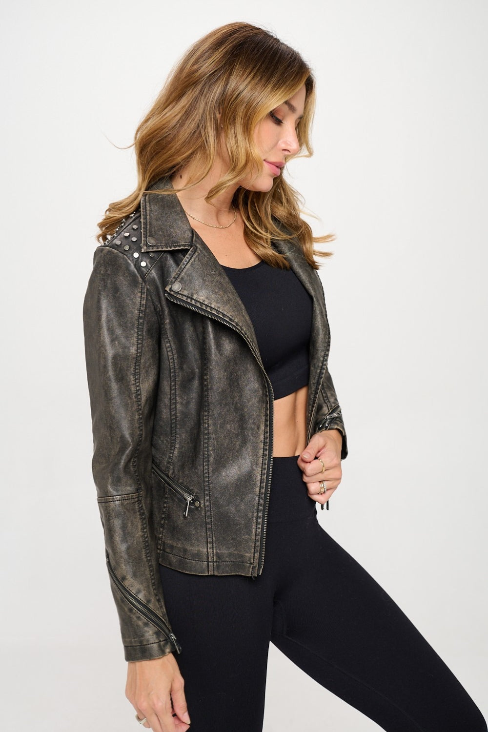 Harper Brown Studded Classic Moto Faux Leather Jacket