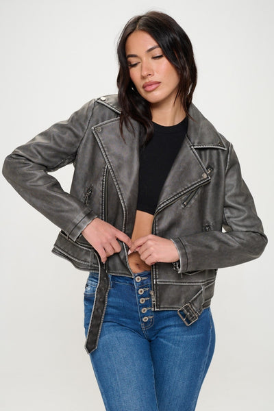 Lucy Zip Up Biker Jacket with Belt