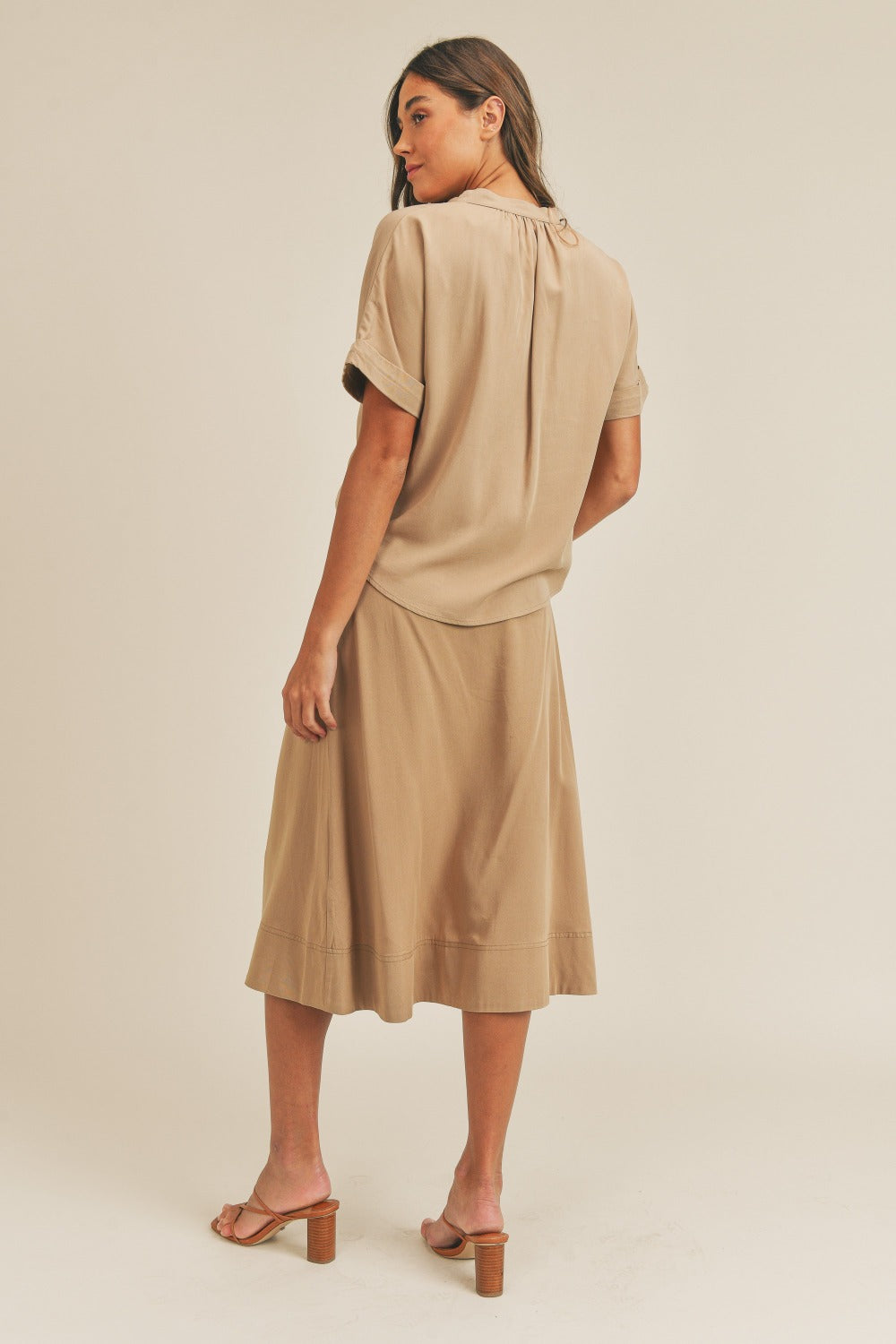 Mallory Taupe Short Sleeve Top and Button Down Midi Skirt Set