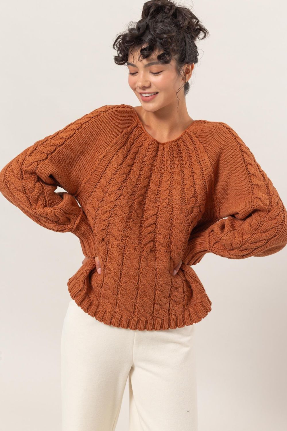 Marisa Cable-Knit Round Neck Raglan Sleeve Sweater