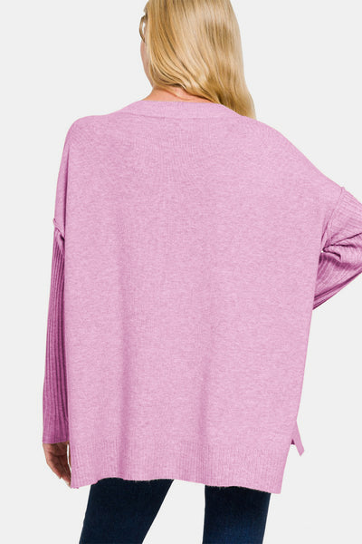 Shawna Mauve V-Neck Side Slit High-Low Sweater