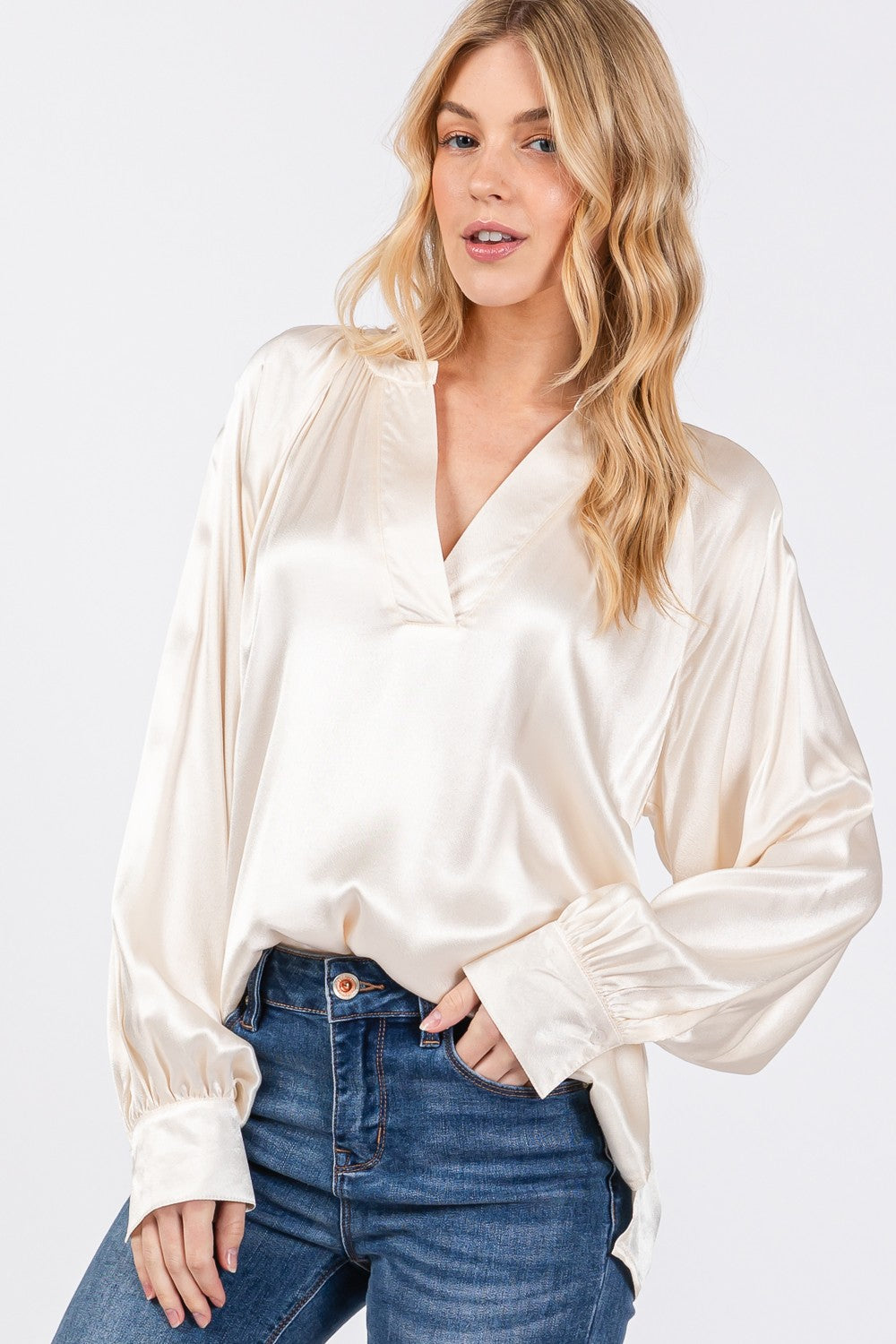 Catalina Ivory Notched Long Sleeve Blouse