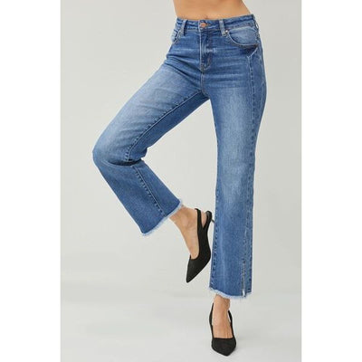 RISEN Evie High Waist Raw Hem Slit Straight Jeans