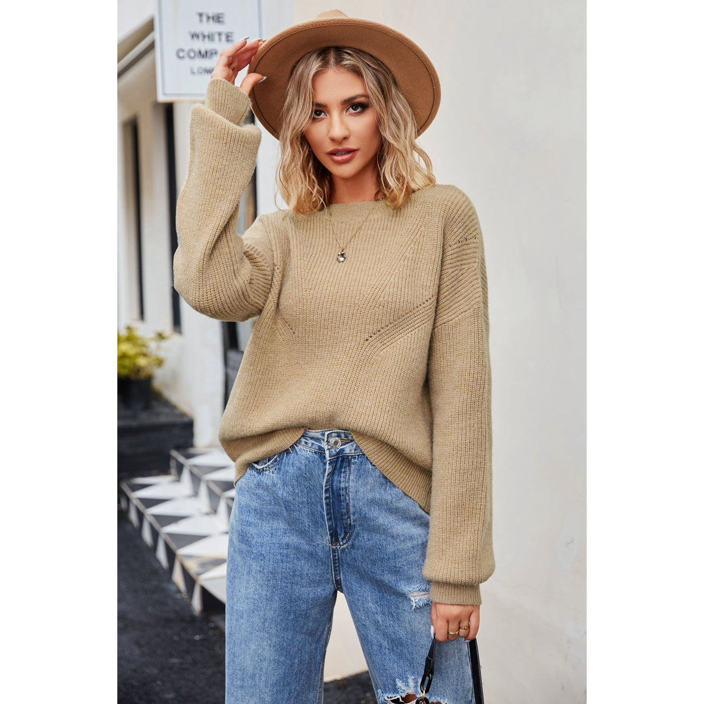 Carter Ribbed Round Neck Dropped Shoulder Sweater