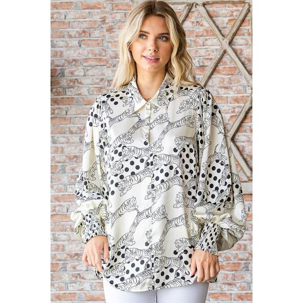 Kylie Tiger Print Collared Neck Long Sleeve Satin Shirt