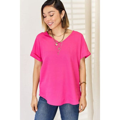 Deanna V-Neck Rolled Short Sleeve T-Shirt