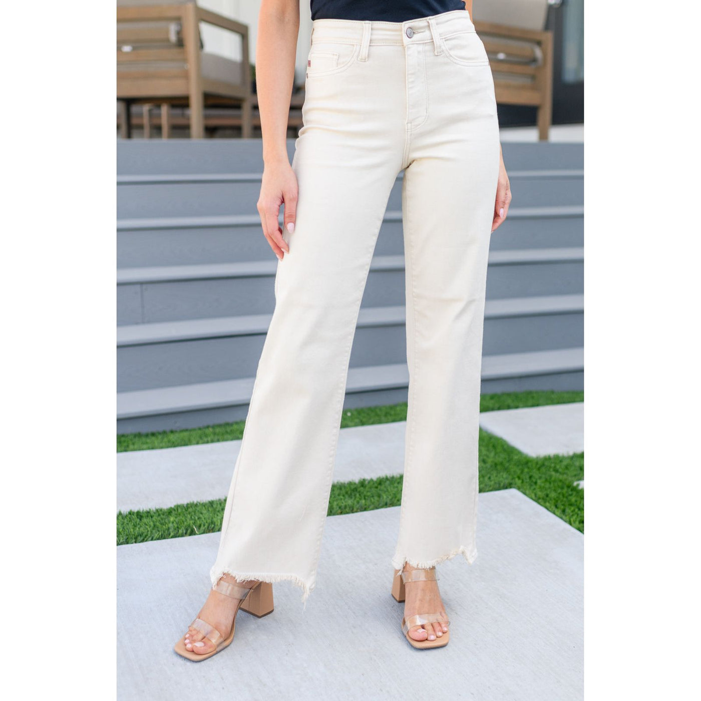 Judy Blue Alice High Rise Over Dyed 90's Straight Jeans in Light Khaki