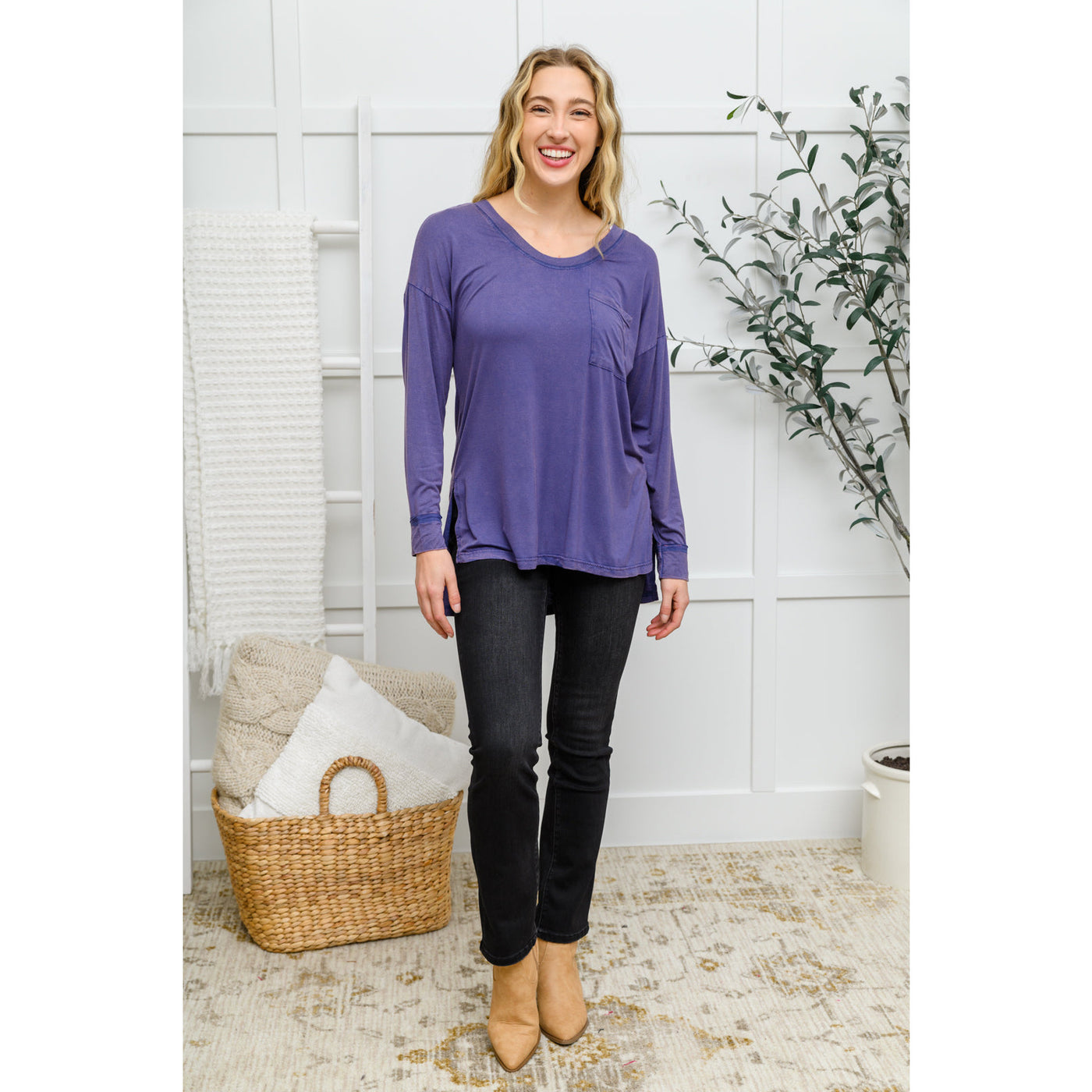 Sonia Long Sleeve Knit Top With Pocket In Denim Blue