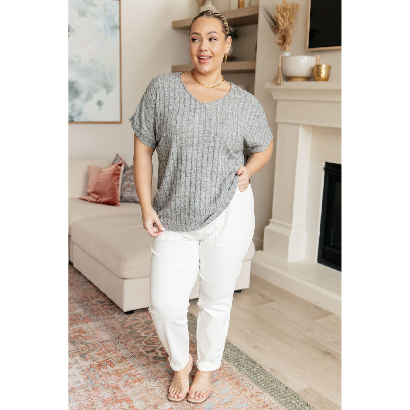 Heather Gray Ribbed V-Neck Top