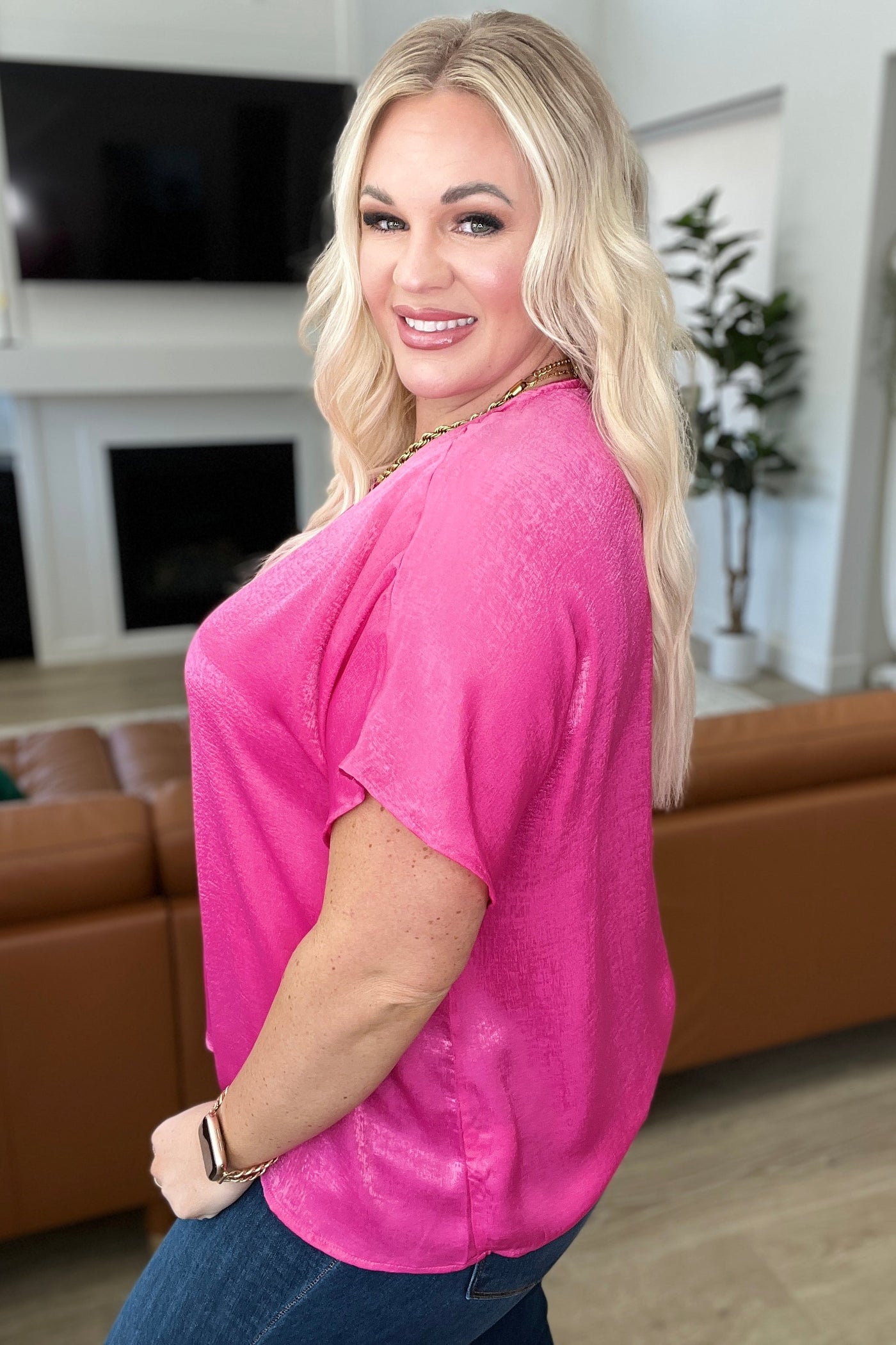 Chloee Pleat Front V-Neck Top in Hot Pink