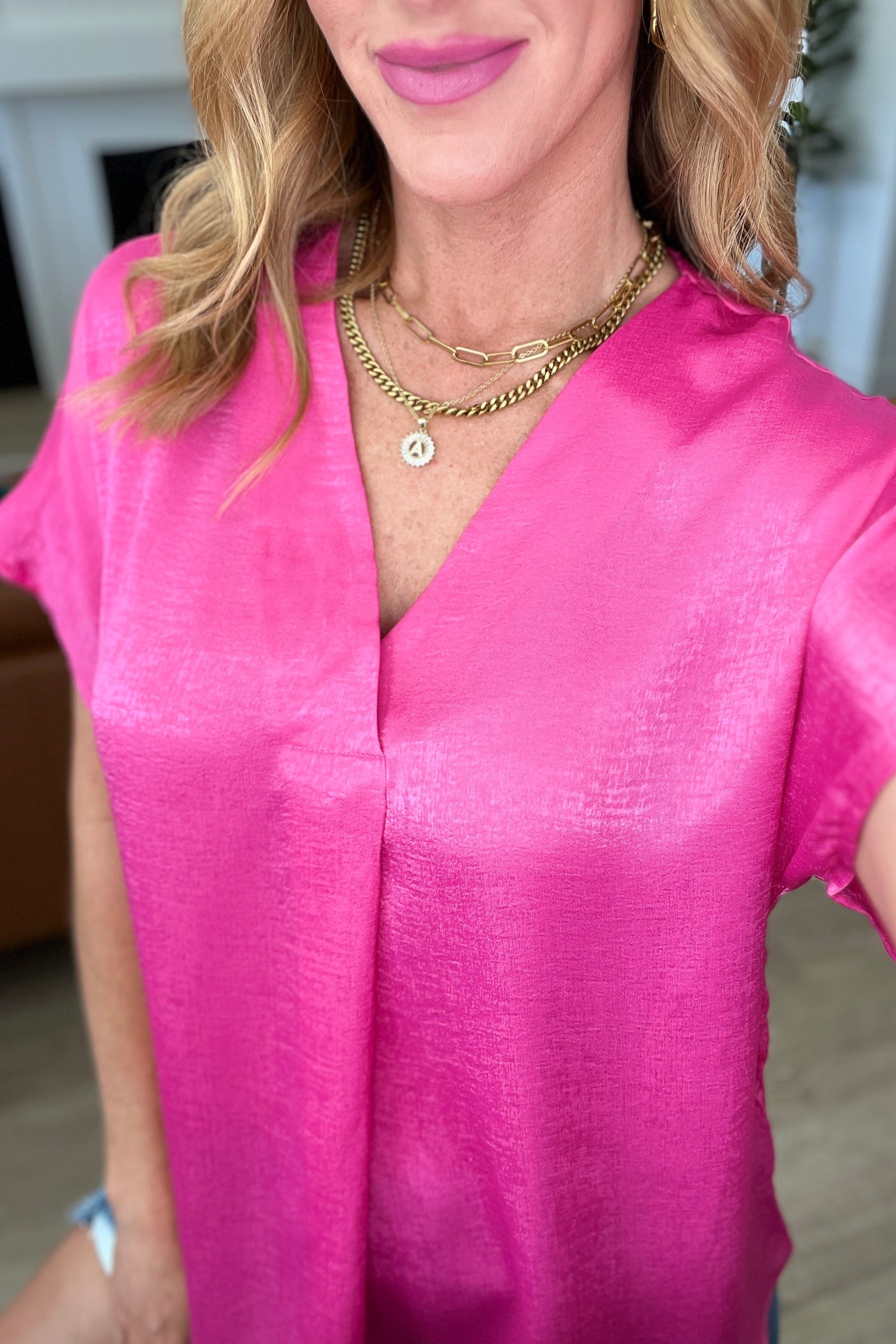 Chloee Pleat Front V-Neck Top in Hot Pink