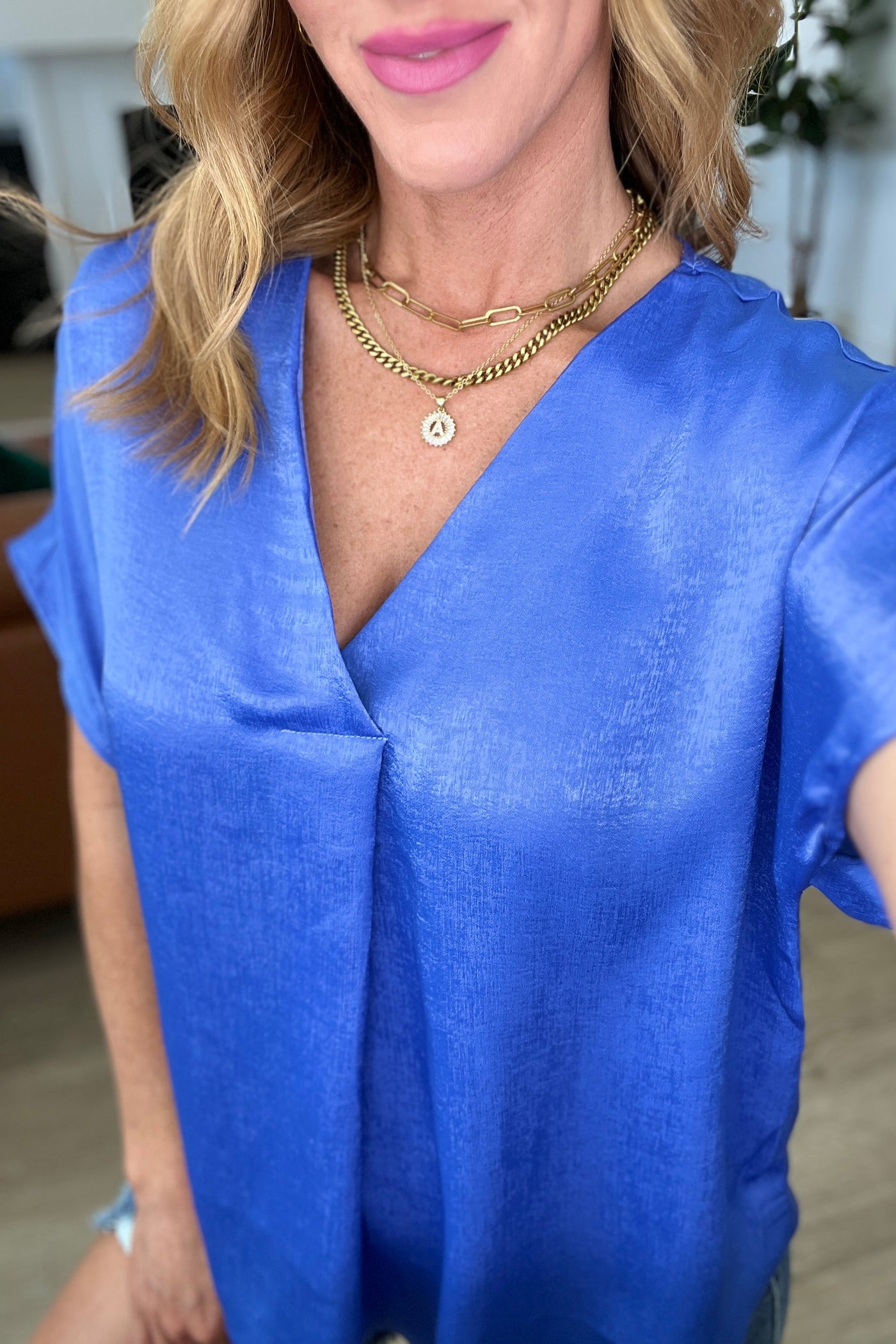 Chloee Pleat Front V-Neck Top in Royal Blue