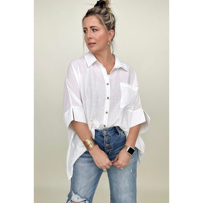 Margot Pleated Batwing Short Sleeve Button Up Top