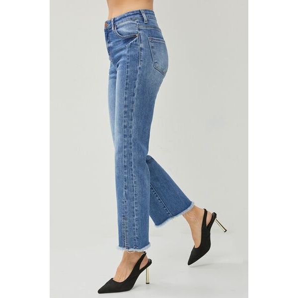 RISEN Evie High Waist Raw Hem Slit Straight Jeans