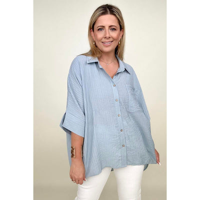 Margot Pleated Batwing Short Sleeve Button Up Top
