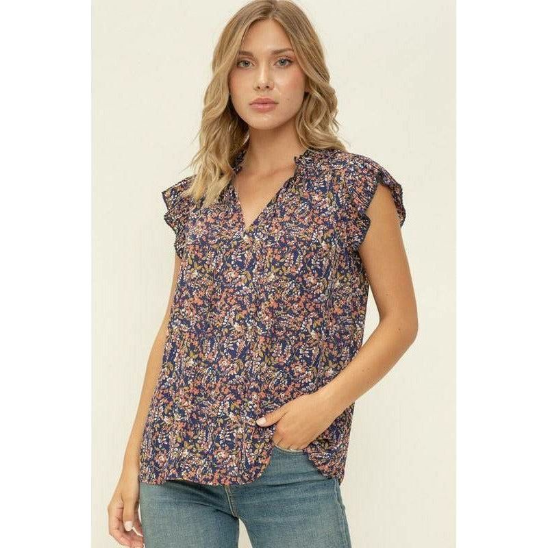 Valerie Navy Floral Flutter Sleeve Top